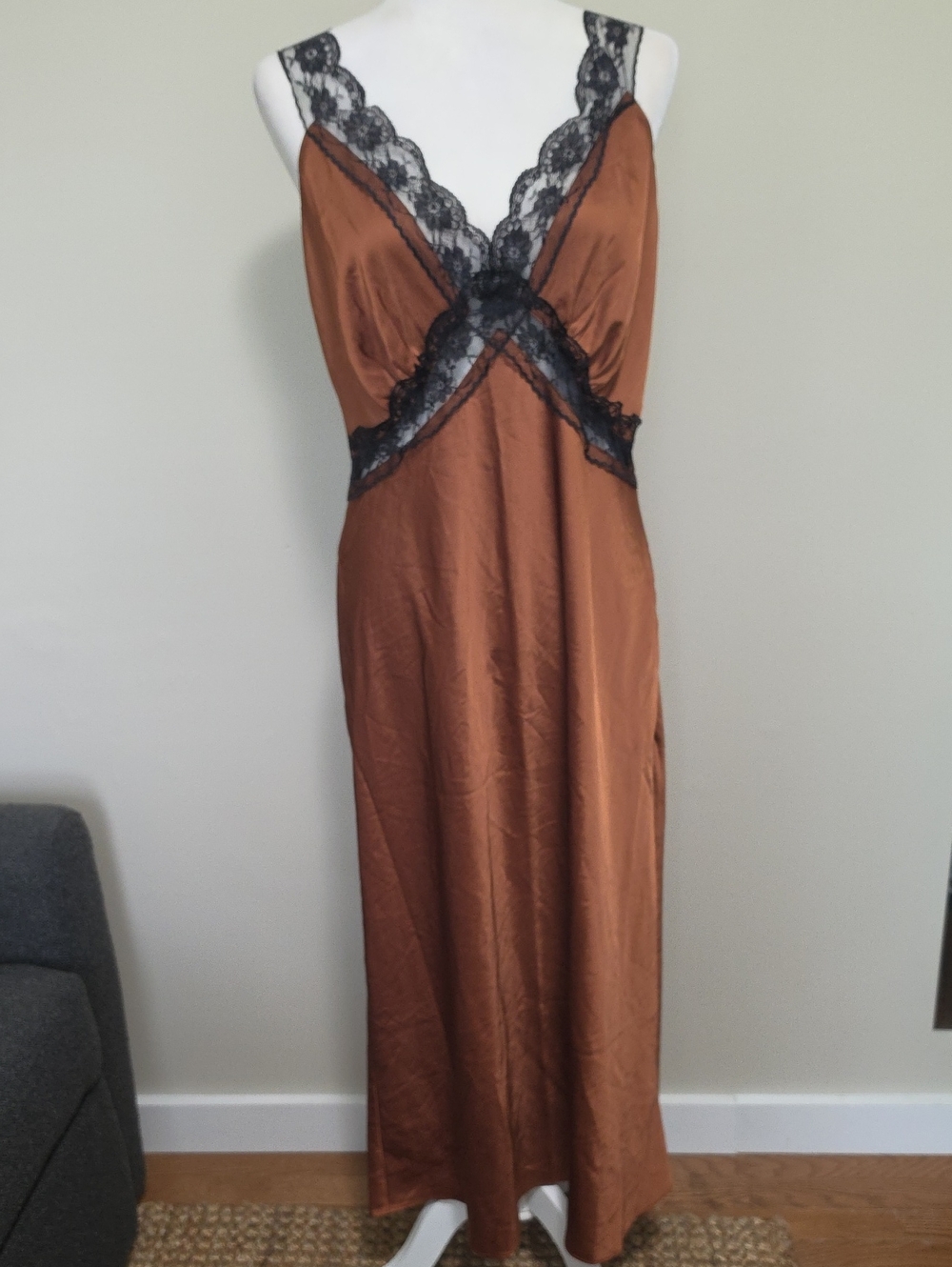 Abercrombie & Fitch Lace-Trim Satin Slip Midi Dress | Size Large Petite